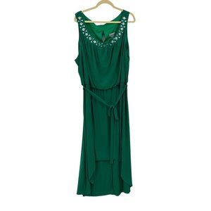 Catherines Size 3X Sleeveless Stretchy Hi Lo Hem Dress Green Silver Studs MIDI